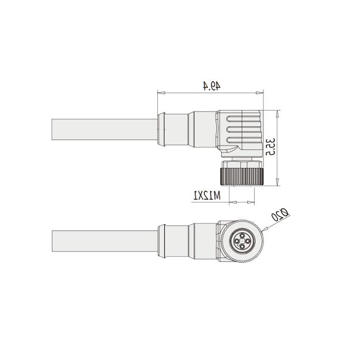 M12 4-PIN T-coded, 90° female, single-end precast PUR flexible cable, black sheath, 64TP45-XXX