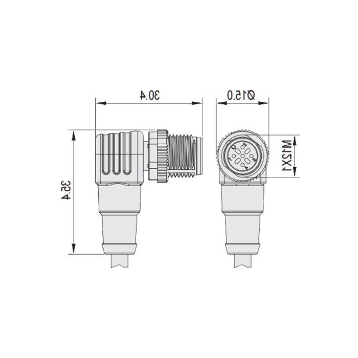 M12 5Pin, male 90°, pin 5 gray, single-end precast PUR flexible cable, black sheathed, 64S561-XXX