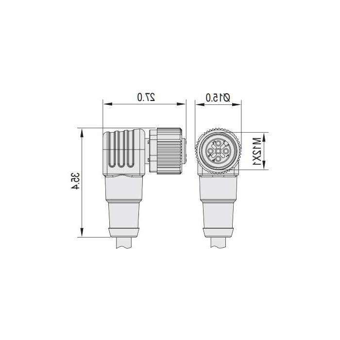 M12 5Pin, pin 5 gray, female 90°, single-ended pre-cast PVC non-flexible cable, shielded, gray sheathed, 64S287-XXX